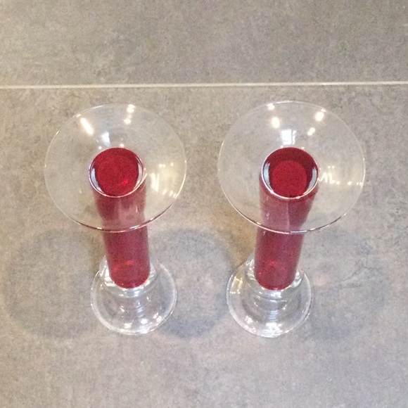 Pair of 10” contemporary red glass candlestick holders - Picture 3 of 4